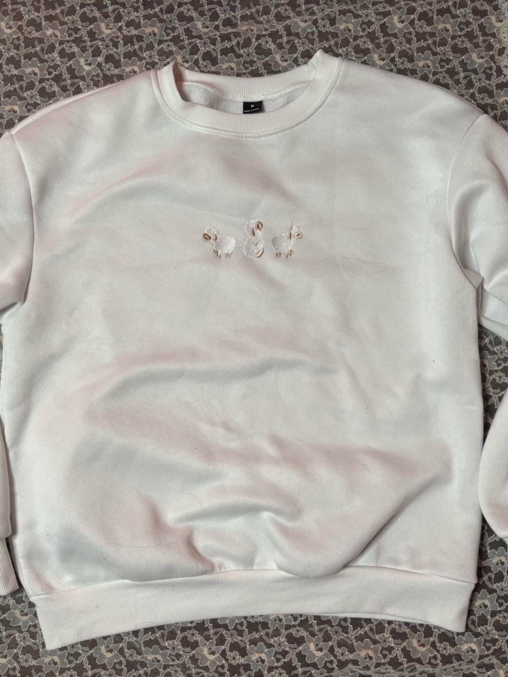 White Embroidered Sheep Crewneck Sweater